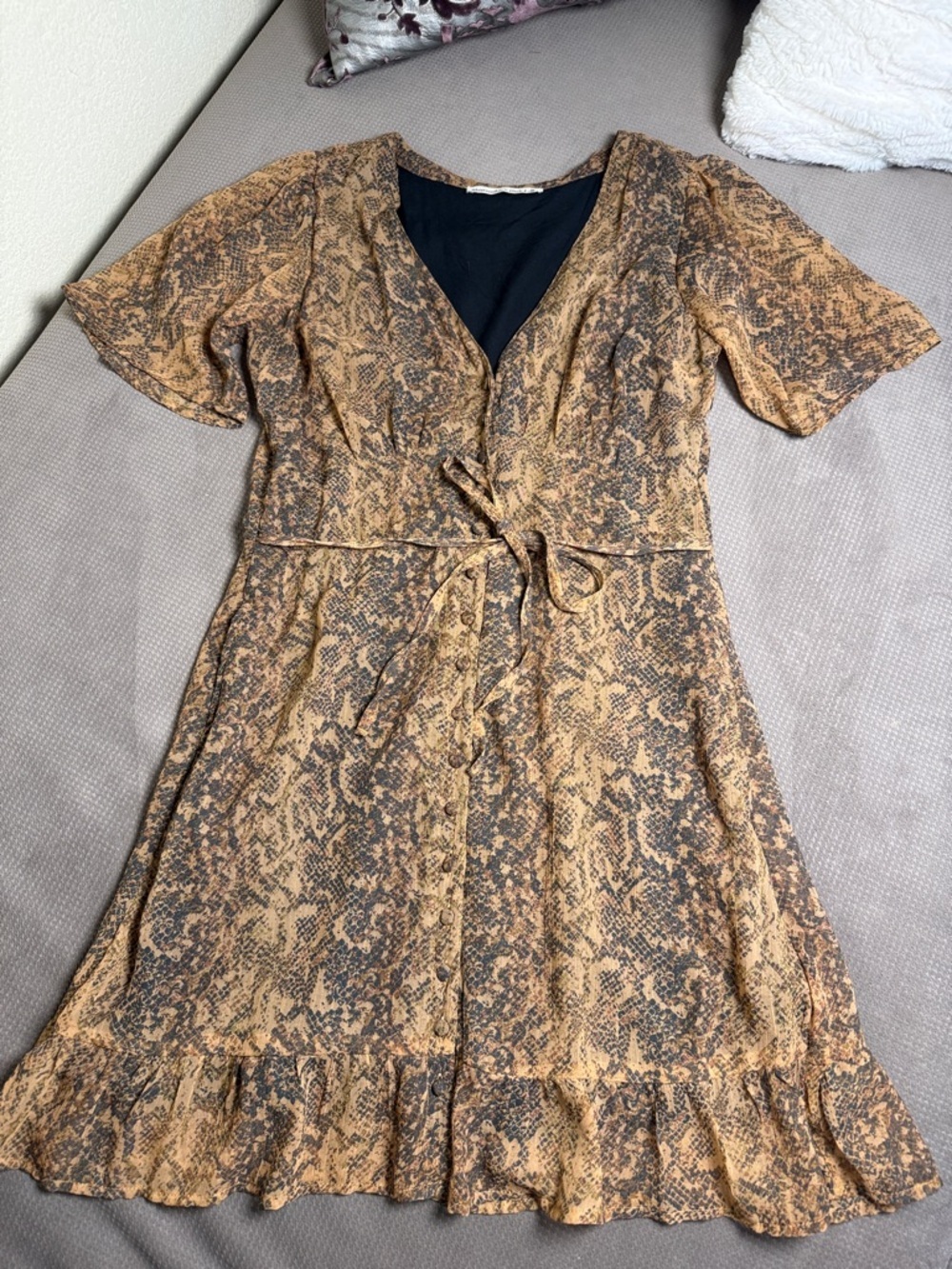 Abercrombie & Fitch Tan and Brown Snake-Print Wrap Mini Dress